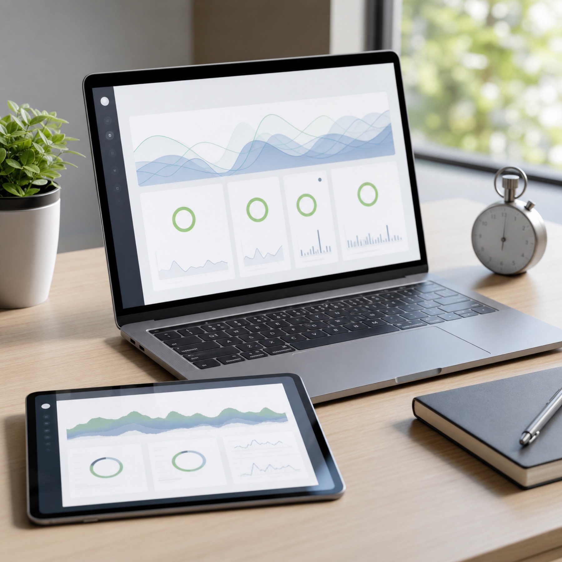 Laptop und Tablet mit Auswertungs-Dashboards auf einem Schreibtisch